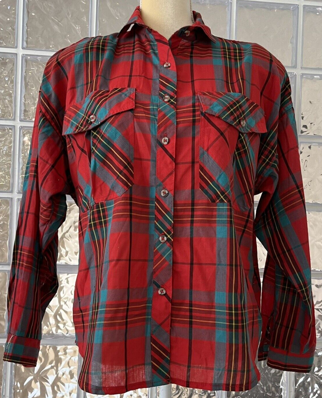 CIRCLE T by Marilyn Lenox Vtg Red Turquoise Plaid Western Button Down Shirt 9-10