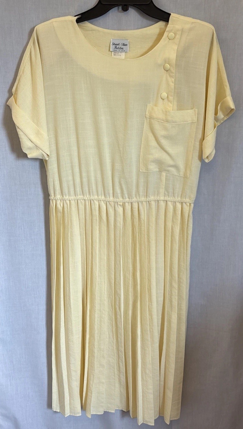 Vintage Stuart Alan Petites 8P Womens Butter Yellow Pleated Dress Made in USA