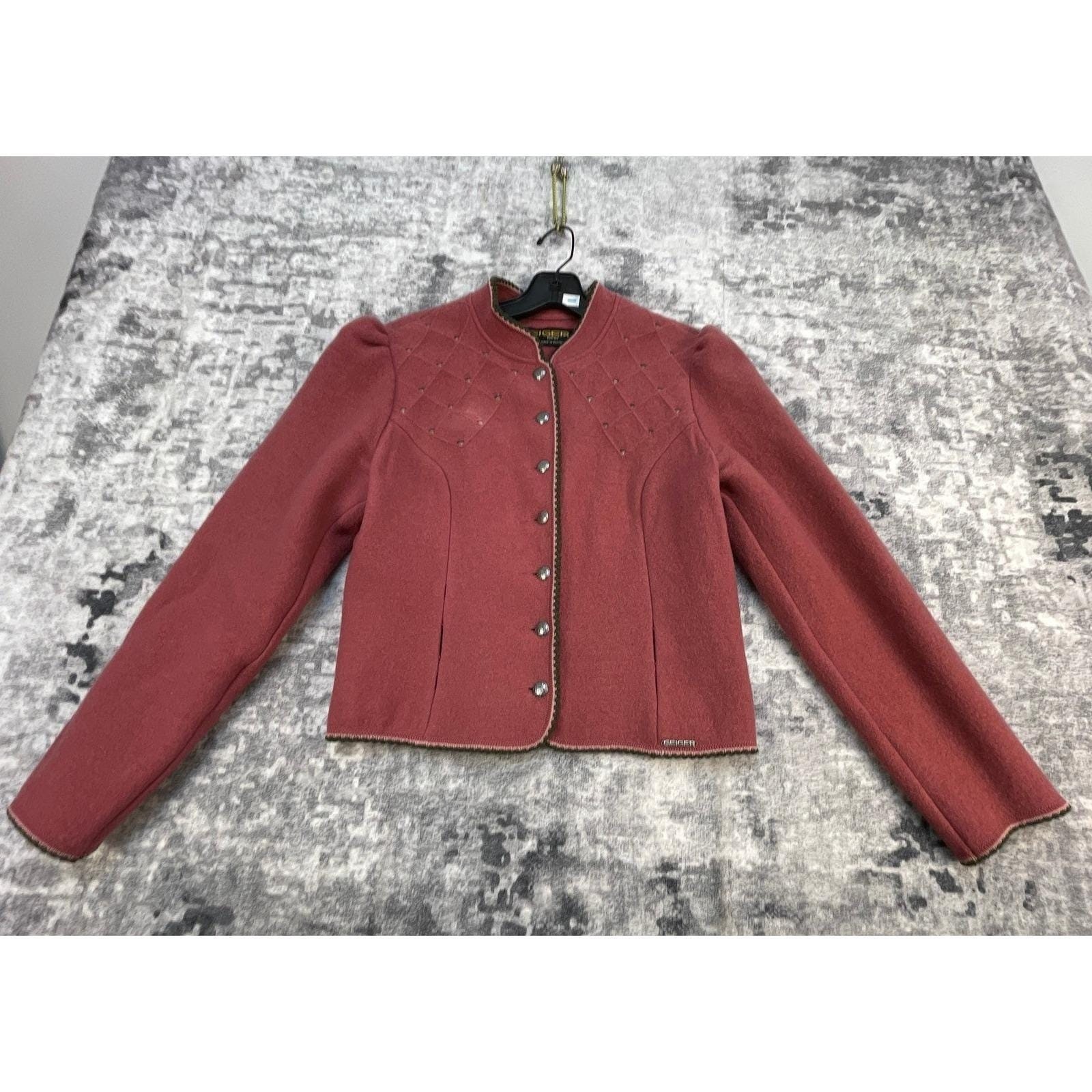 Vtg Geiger Women’s 40 Boiled Wool Jacket 80s Pewter Buttons Tyrolean Grandmacore