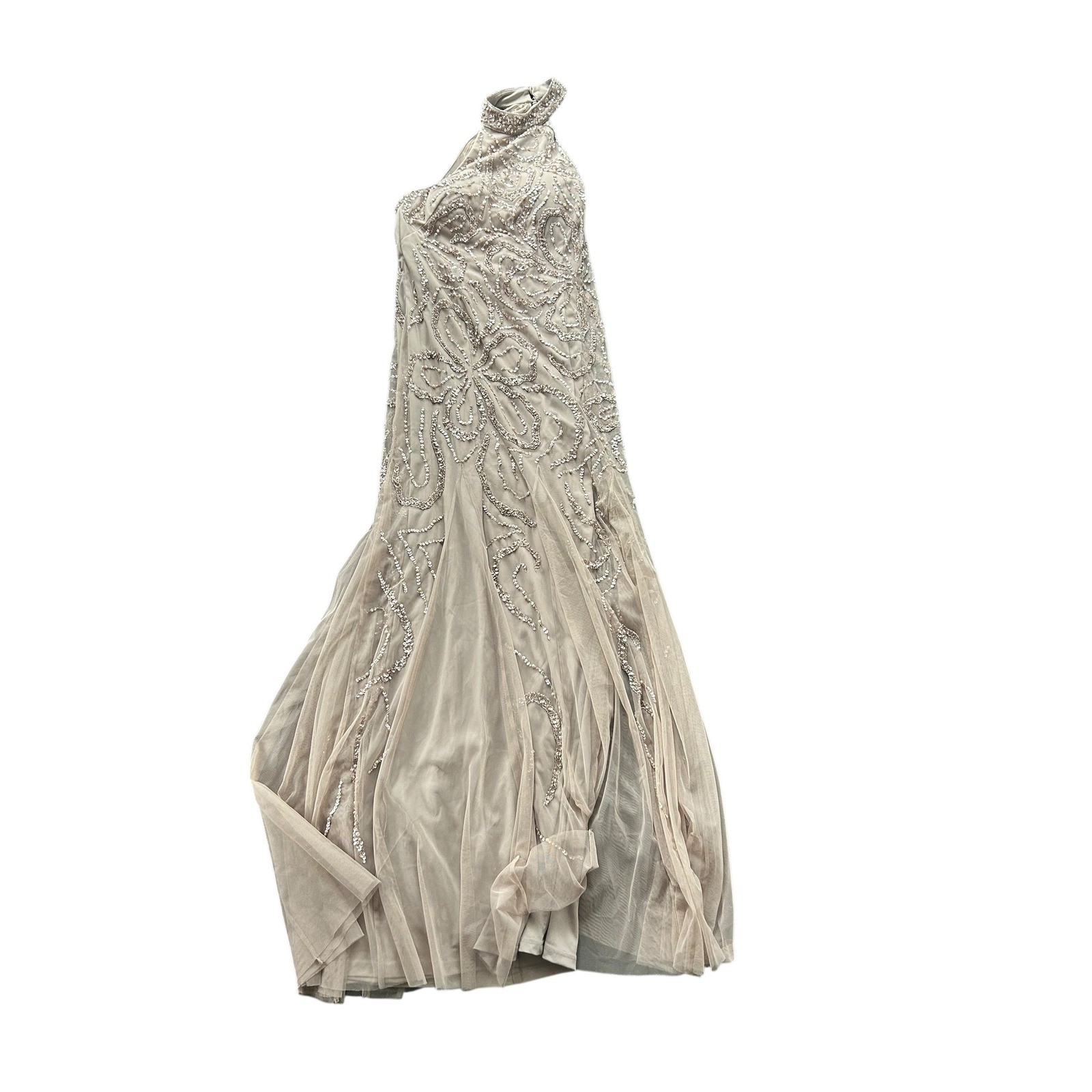 Adrianna Papell Platinum Style No. 40284 Embellished Halter Neck Gown Taupe 12