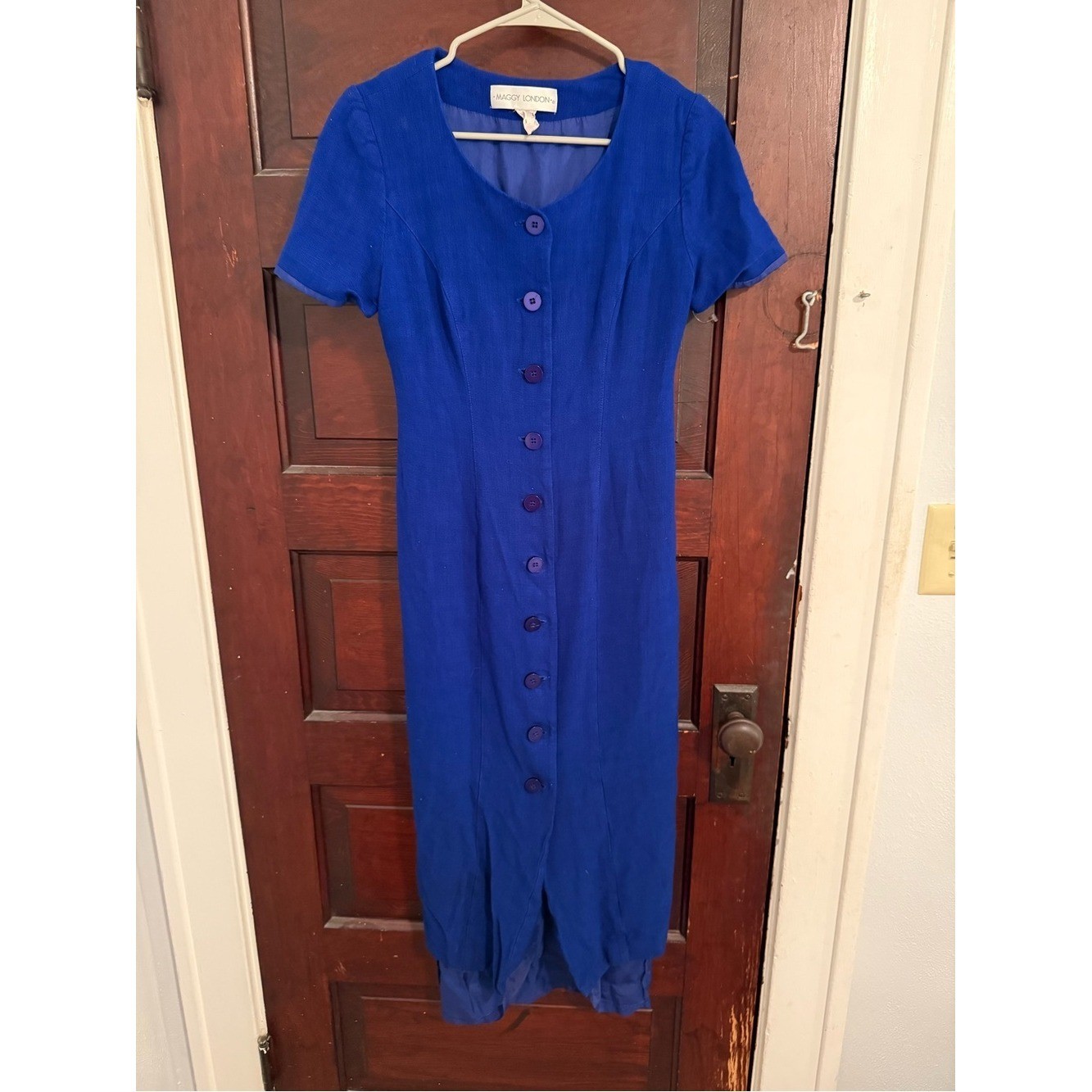 Maggy London Cobalt Blue Button-Front Vintage Linen blend Midi Dress