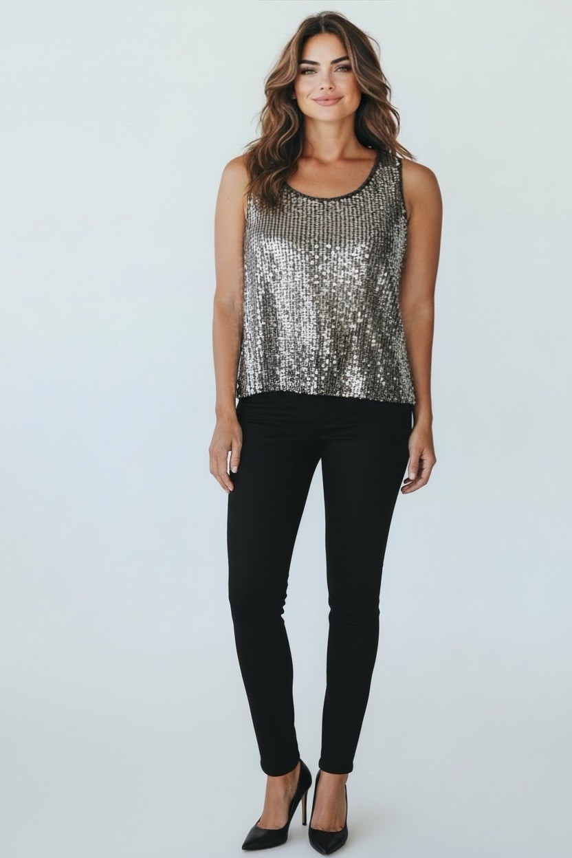 Vintage Silver Sequin Disco Tank Top Studio 54 Party Glam Sleeveless XL