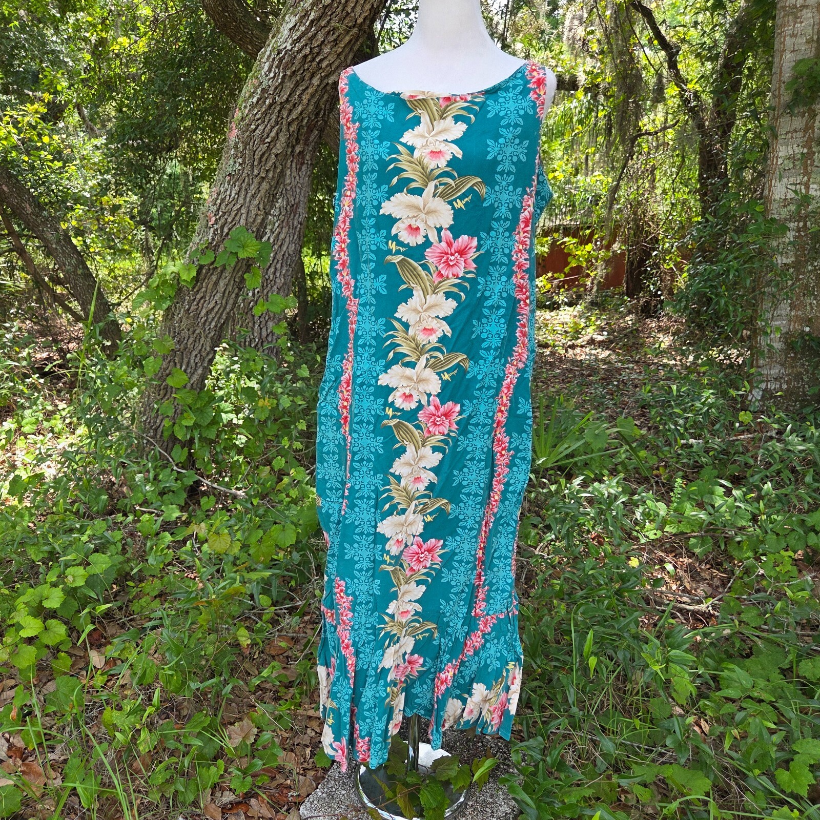 Vintage MAMO HOWELL Hawaiian Aloha Tropical Floral Maxi Muumuu Dress Monstera 10