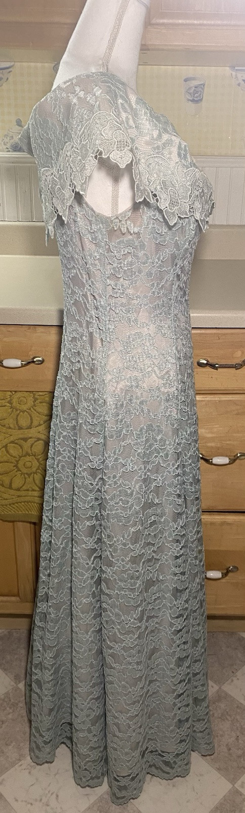 Vtg 80s Dress Cachet By Bari Protas Sage Green Lace Full Length Gown Sz 12