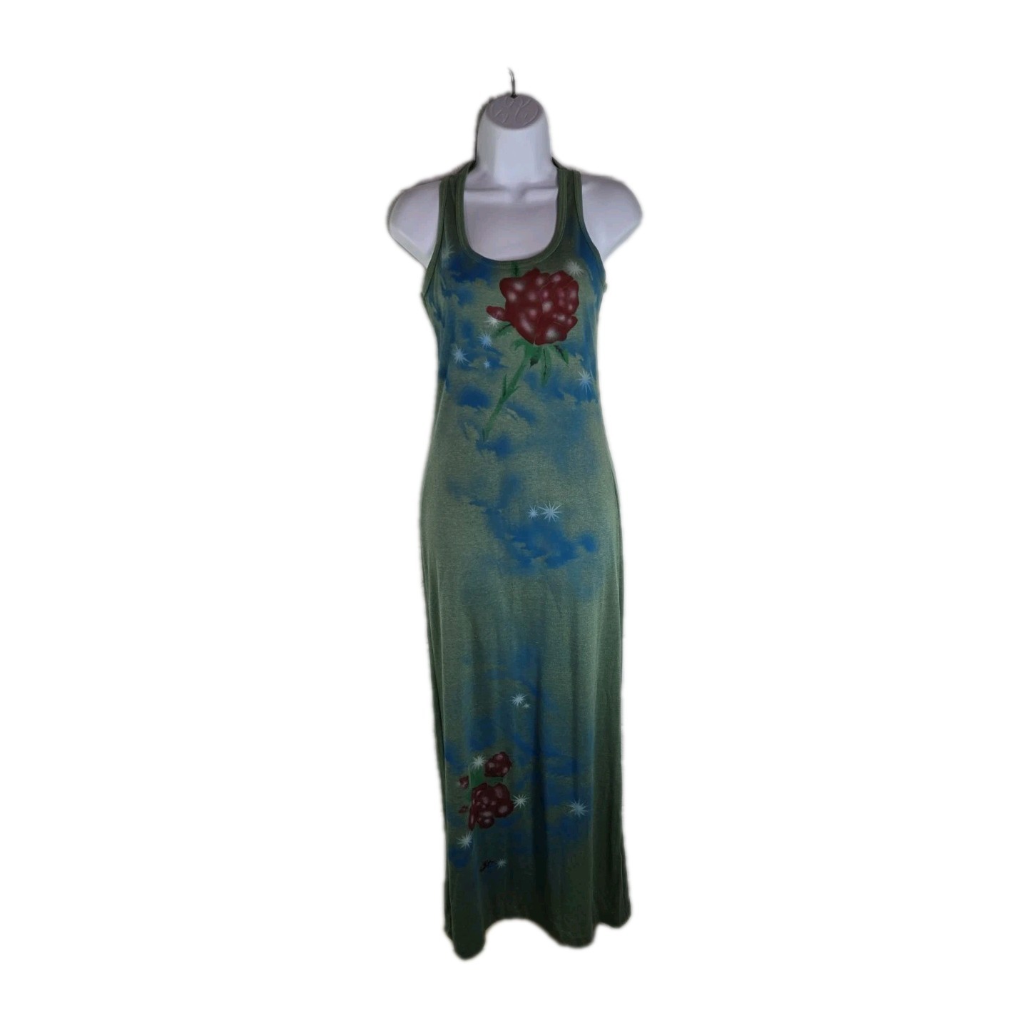 Vtg 70s Vogel Mills & Mfg Spanish Moss Green Floral Tank Maxi Dress