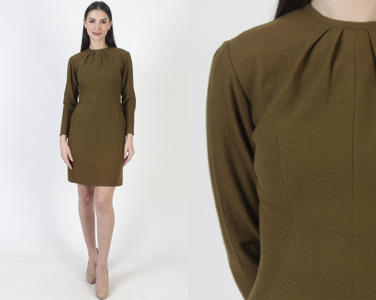 Vtg 60s Lilli Diamond Dress Army Olive Green Minimalist Uniform Go Go Mod Mini