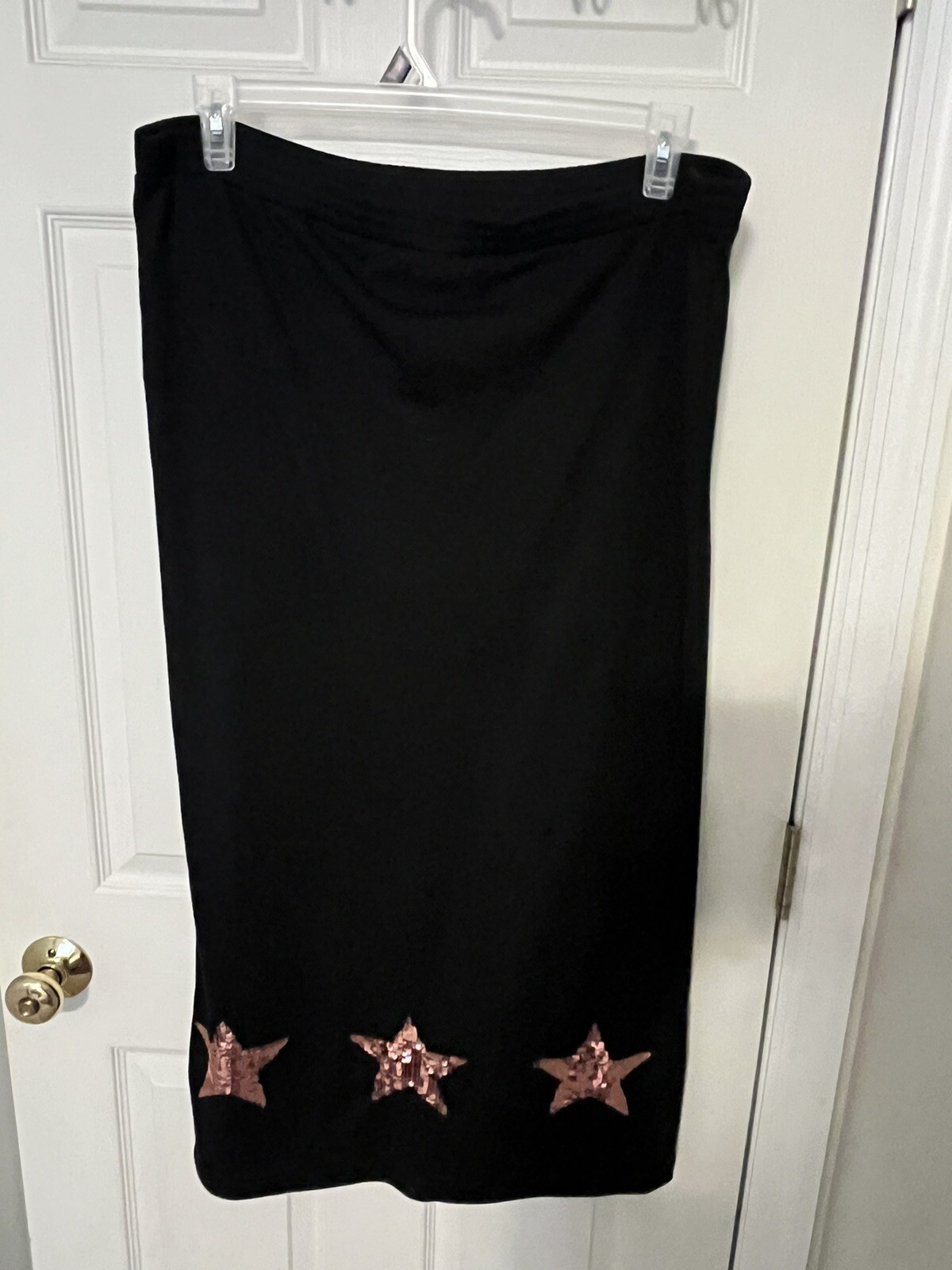 VTG Quacker Factory Womens Size S Black Rose Gold Sequin Star Pattern Maxi Skirt