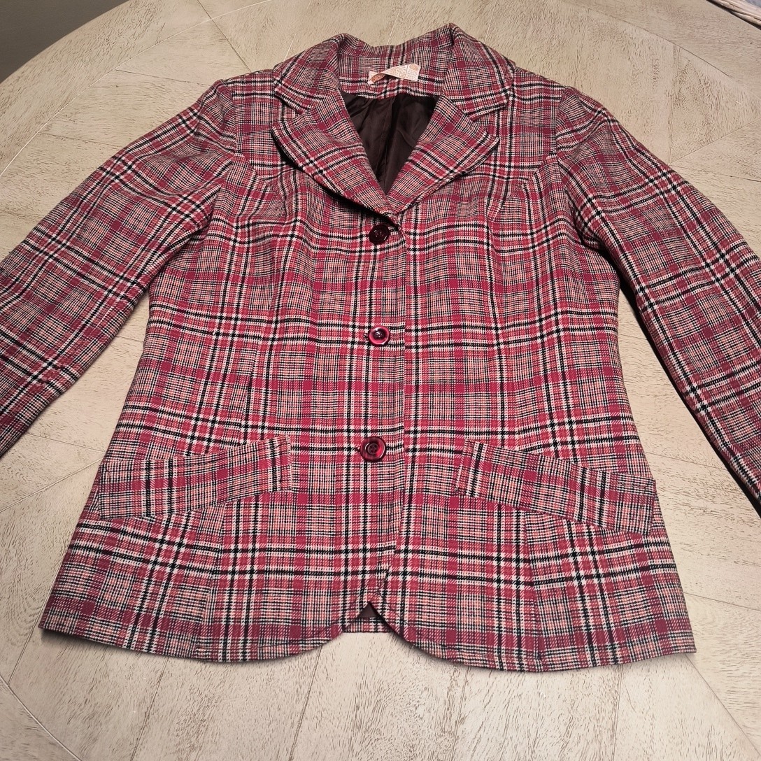 Vintage Pendleton Plaid Blazer Jacket 100% Virgin Wool Red Green Tartan Size 16