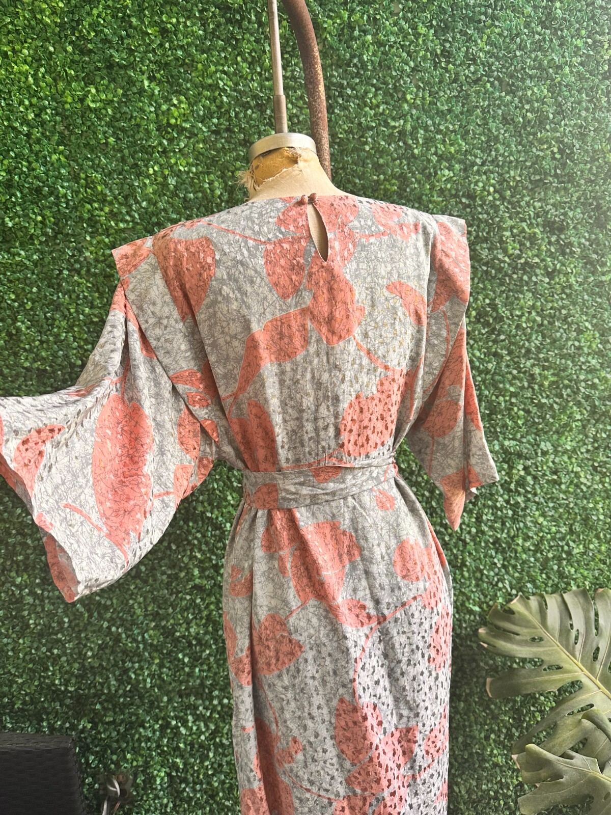 FLORA KUNG 80s Gray Pink Silk Balloon Slv Secretary Cocktail Belted Dress