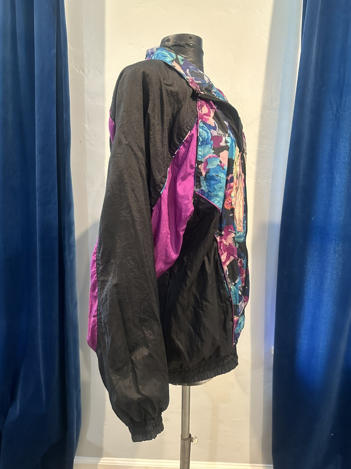 Custom Basic Editions L Windbreaker Jacket Coat Black Floral Purple DIY VTG