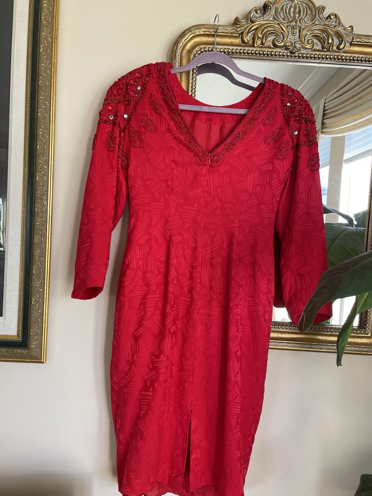 Vintage 80’s Silky Poly Hand Beaded Glam Stylish Red Dress 10