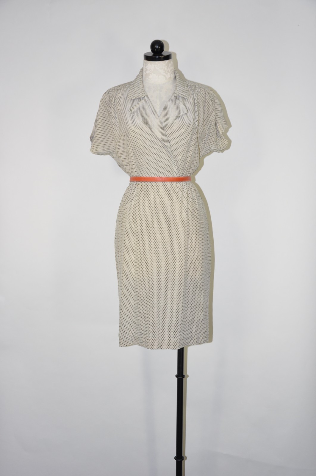 80s Vintage White Black Polka Dot Silk Short Sleeves Wrap Shirtdress Women S