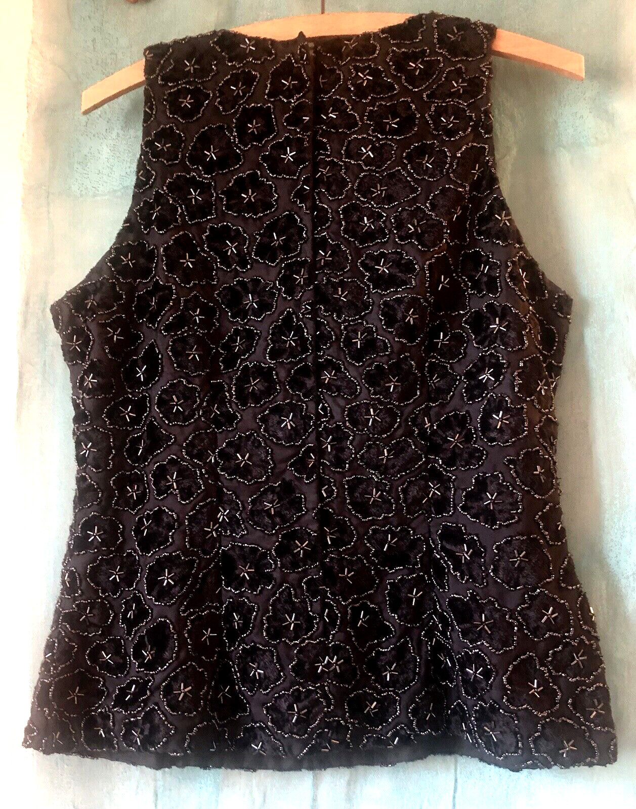Vintage STENAY Sequin & Beaded Black Silk TOP, Sleeveless, Velvet Flowers, Sz 10