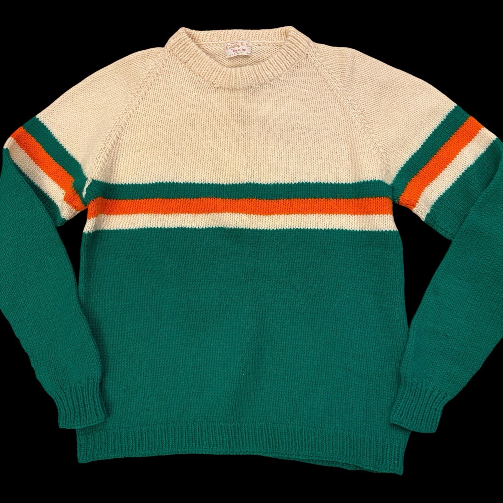 Hand Knit Pullover Sweater Jumper Handmade Bold Stripe Green Size M VTG 90’s Y2K
