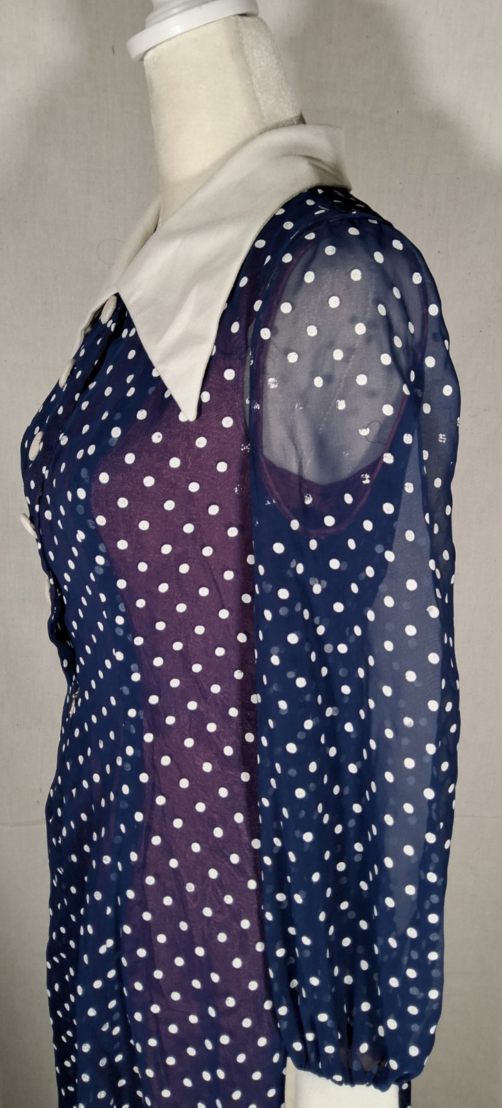 Vtg 70s Blue And White Polka Dots Chifon Long Maxi Dress Korean Tailor Shop Sz S