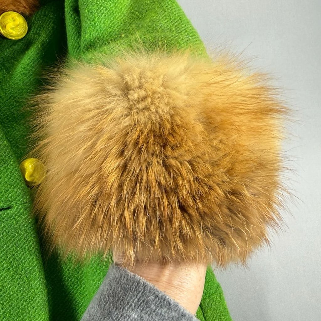 Vintage Green Wool Fur Collar Coat With Yellow Buttons