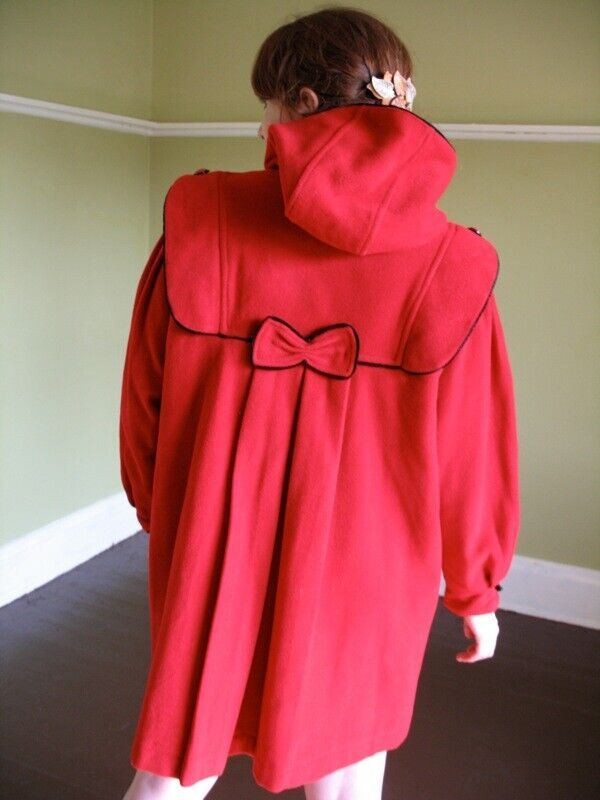 VTG Little Red Riding Hood Wool Coat Incredible Pleating & Details Blk Trim S M