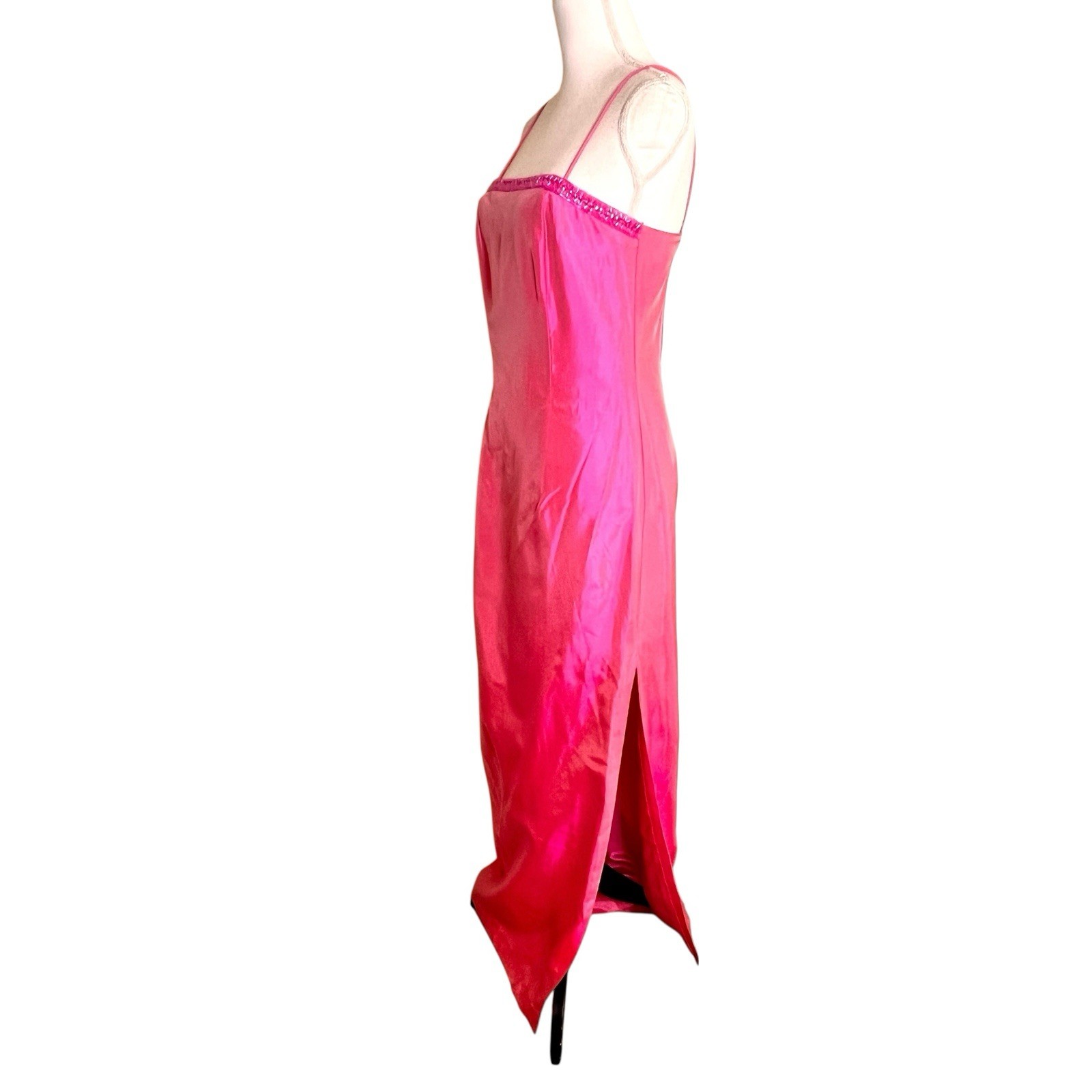 Vtg 90s Y2K Blonde Nites Pink Satin Beaded Slip Maxi Dress XS/S Stains Cleaning