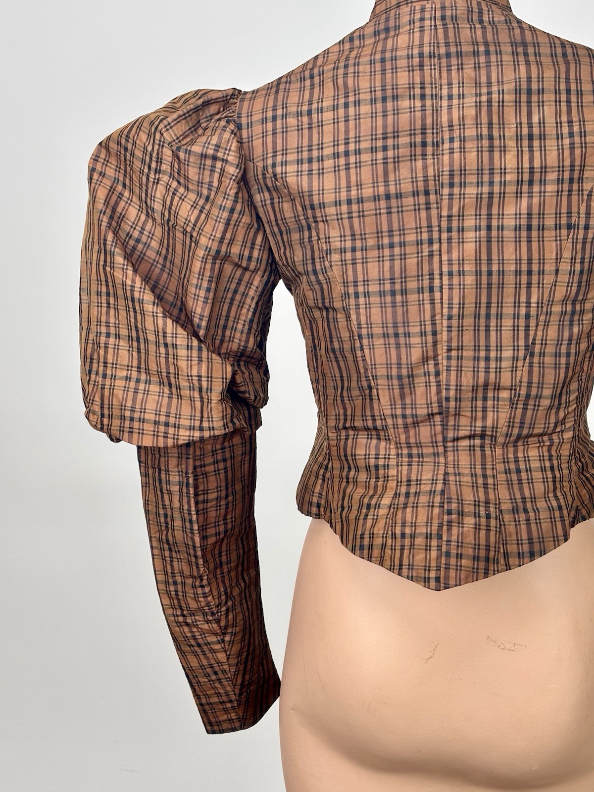 Antique Victorian 1890 Jacket Bodice Leg of Mutton Sleeve Brown Black Plaid Silk