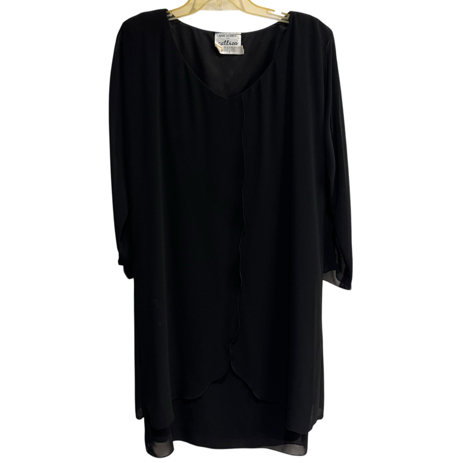 Vintage Ann Hobbs For Cattiva Dress S/M Women Black Chiffon Long Sleeves
