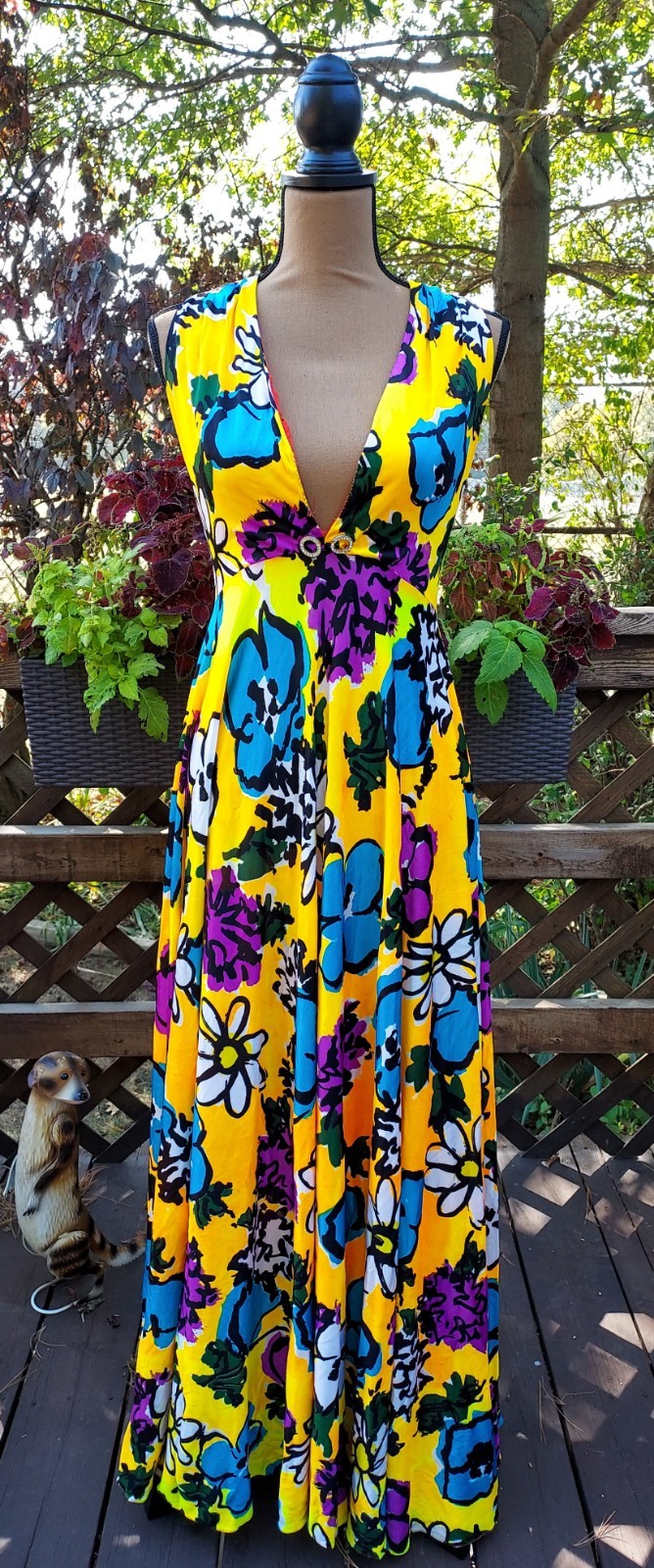 Vintage 60s Fred Perlberg Floral Screen Print Rhinestone Boho Maxi Dress