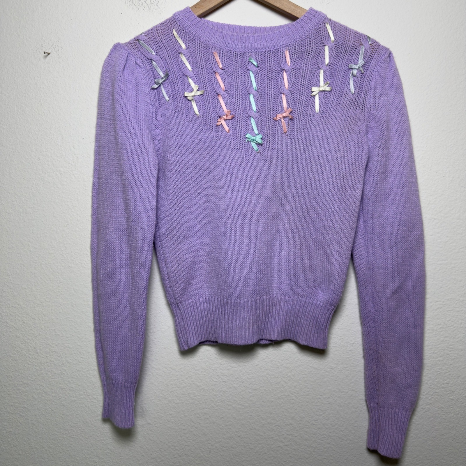 VTG 80s Gitano Women Preppy Coquette Sweater Purple Ribbon Bow Lavender XS