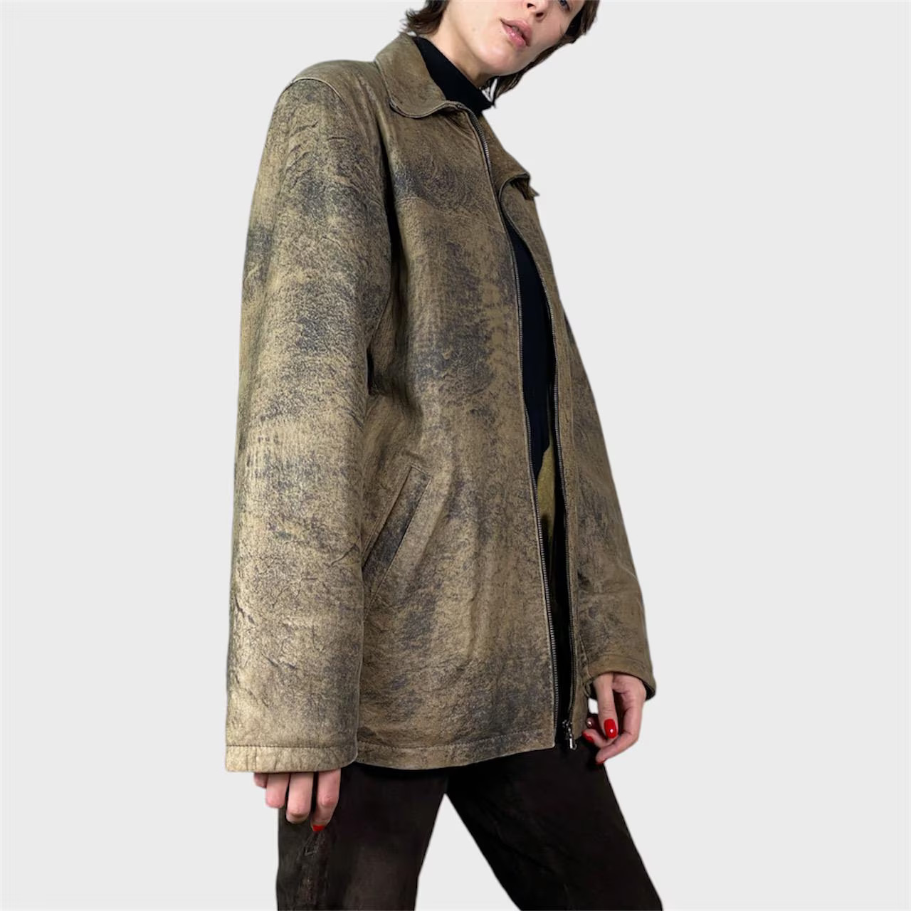 Vintage Distressed Lamb Leather Jacket: Oversized Brown Unisex size US10