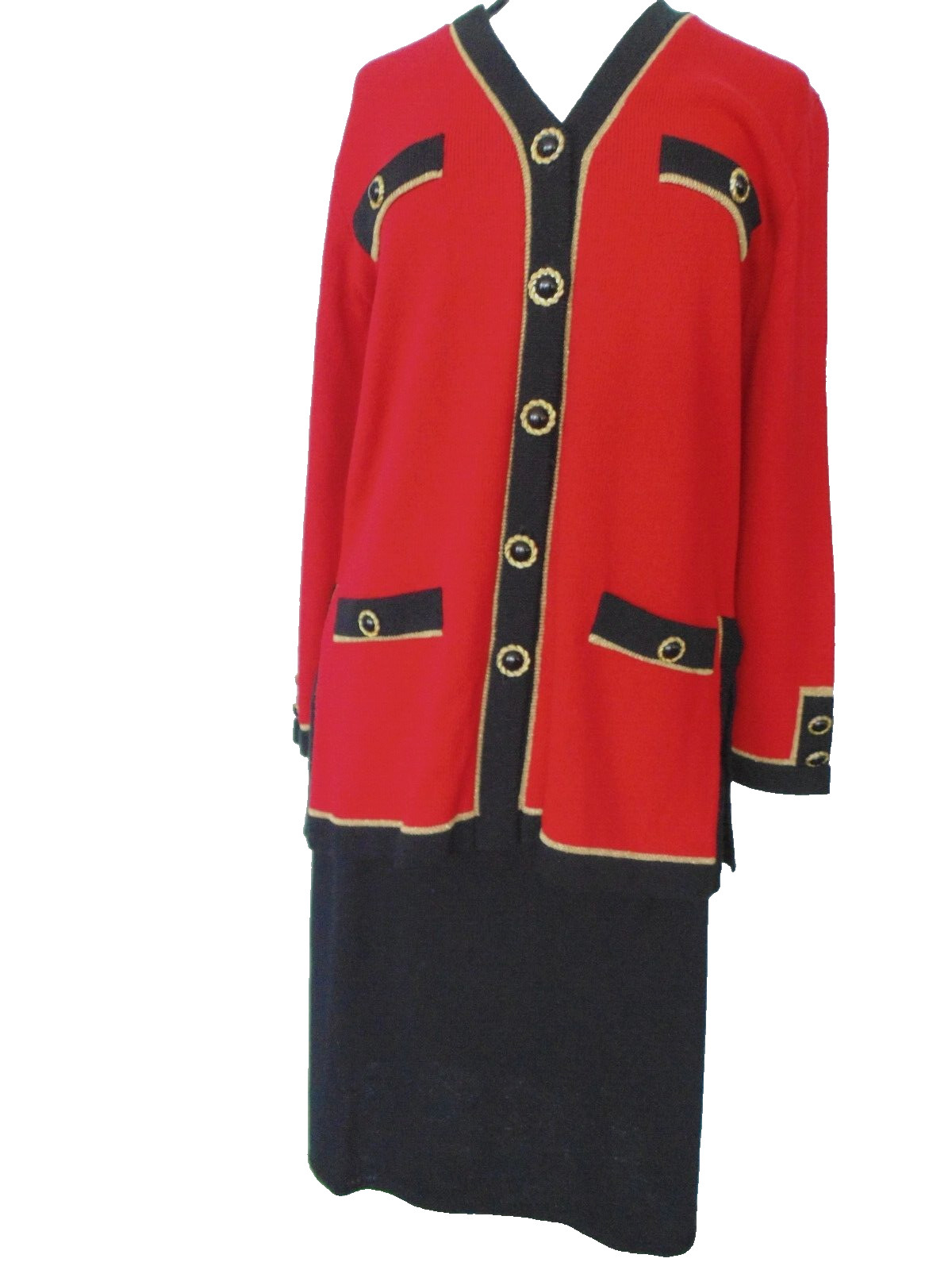 Vtg Laura Alyzia Sweater Knit Power Suit Blazer Skirt 2 Pc Set Red Black sz 12