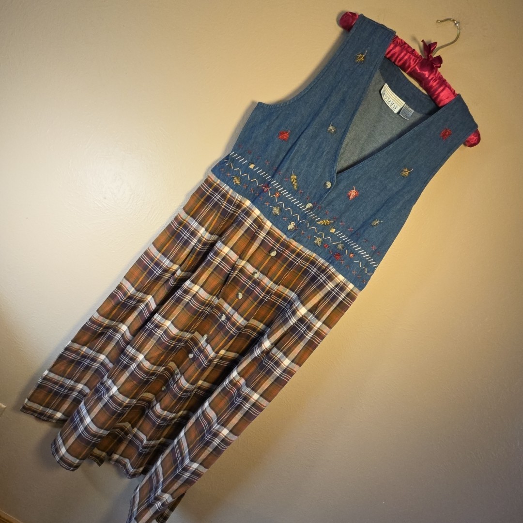 Vtg 90s Casey & Max Denim Plaid Maxi Dress Medium Embroidery Cottagecore Teacher