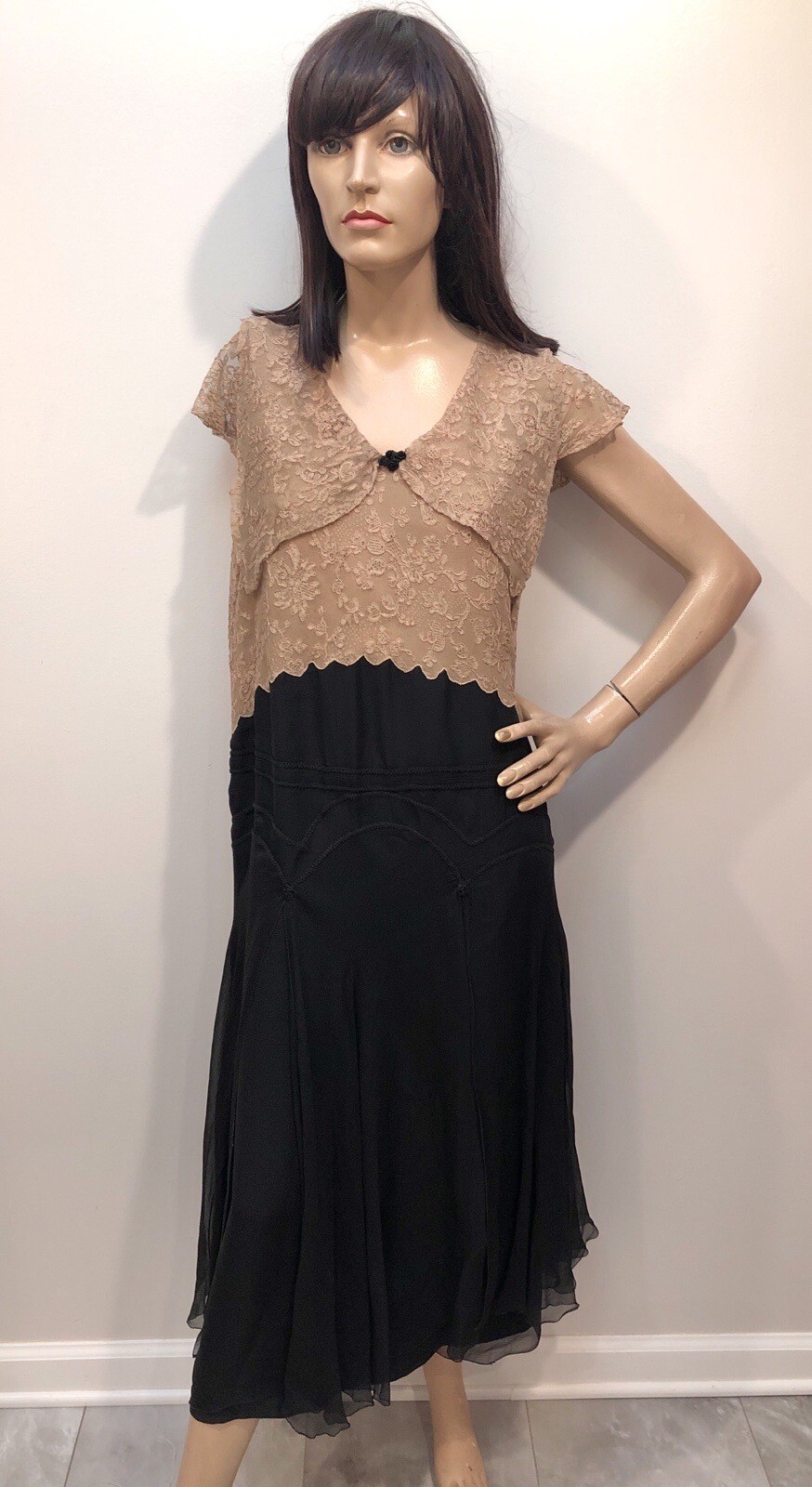 VTG Antique 1920s SILK CHIFFON FLAPPER DRESS w/TAMBOUR LACE BODICE & Rosettes