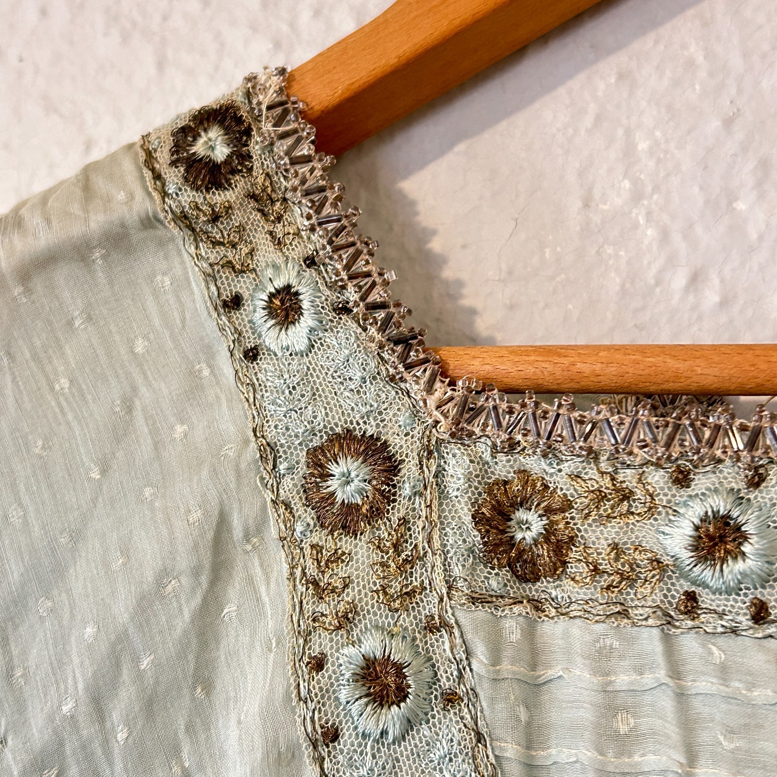 READ AS IS Antique Edwardian Blue Dress Fringe Trim Embroidered Study Fragile