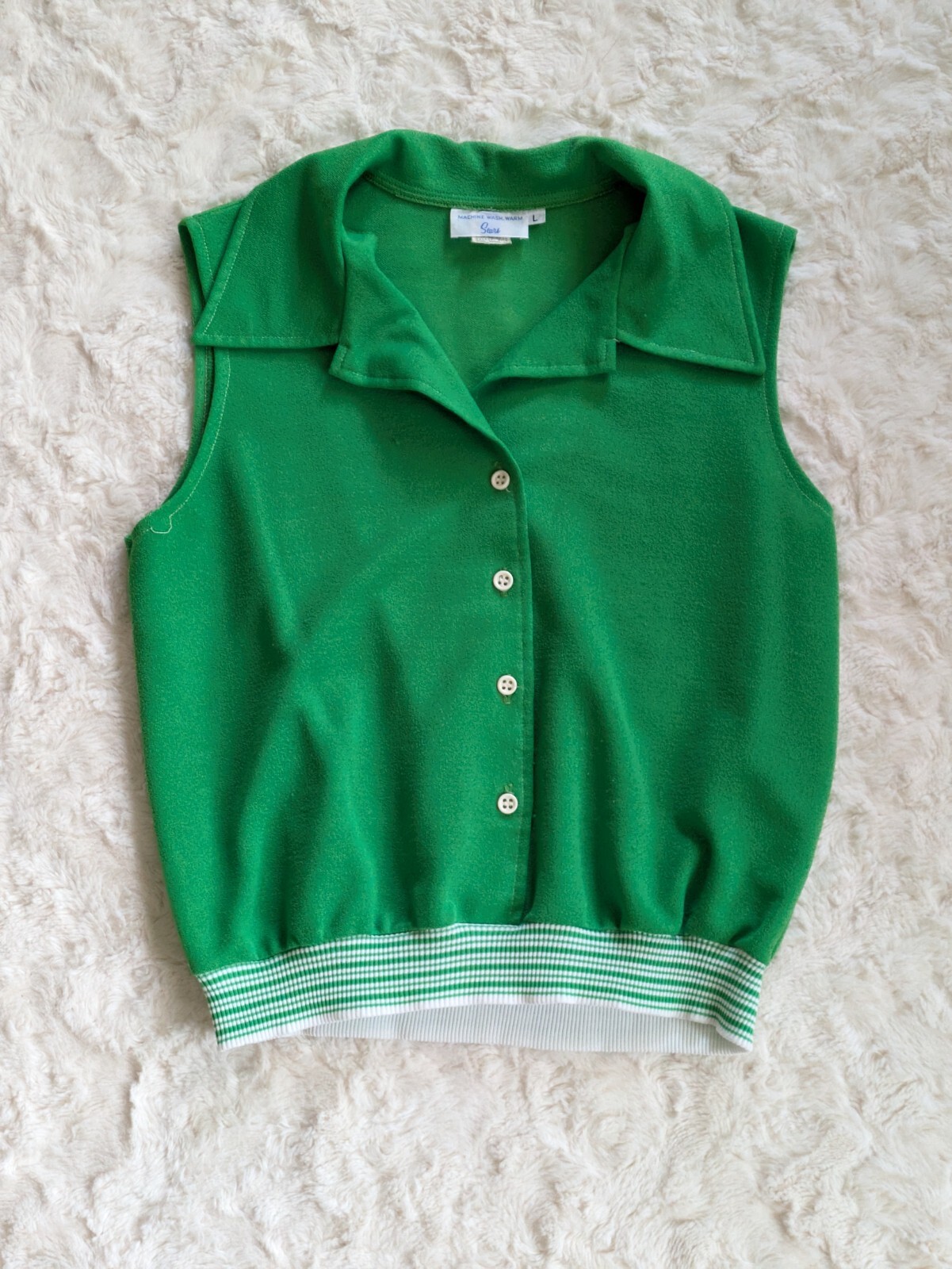 Vintage 60s Sears Polyester Double Knit Button Collar Sleeveless Top Cinch Waist