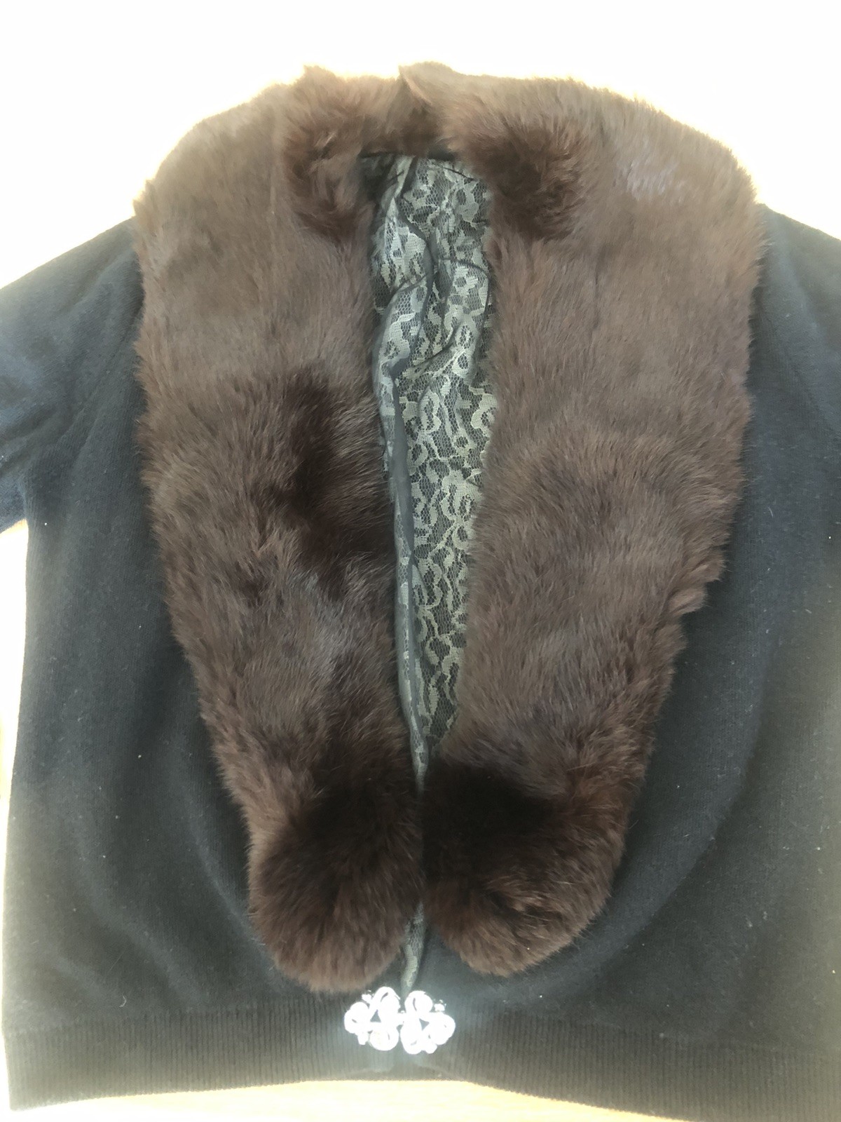 60s VTG Wool Cardigan w Black FUR COLLAR and Rhinestone Clasp