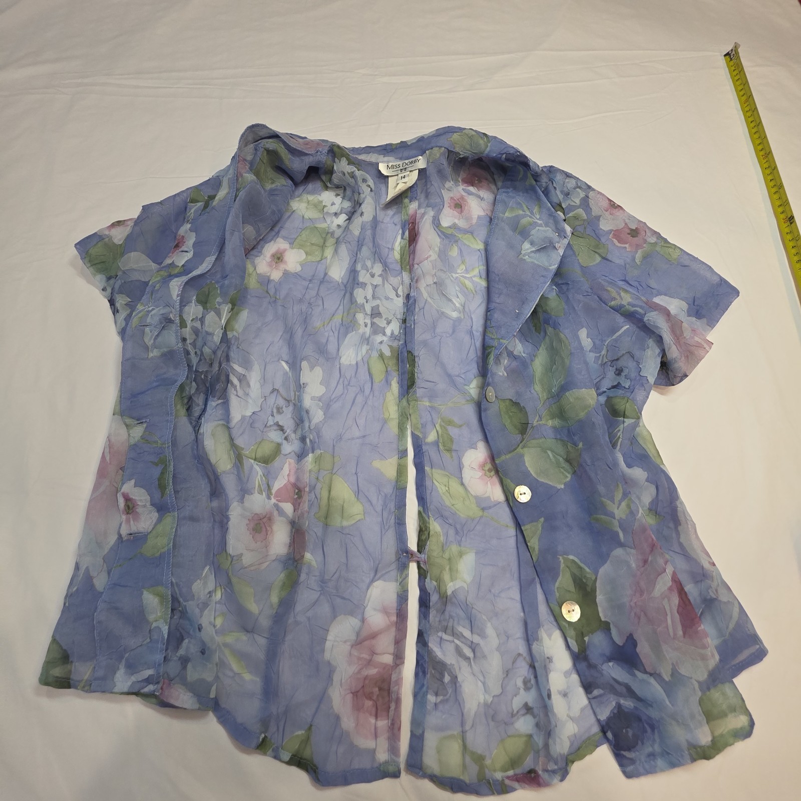 Miss Dorby Vtg Size 14 Floral Crinkle Button Up Fly Away Blouse Periwinkle Fairy