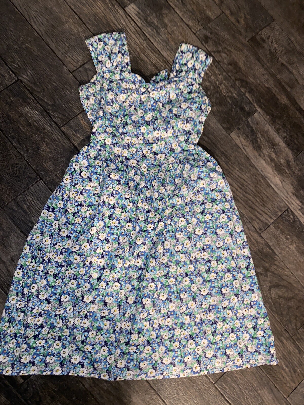 Vintage rockabilly Blue Green White Yellow Dress Daisy Skirt Pockets Size L 14