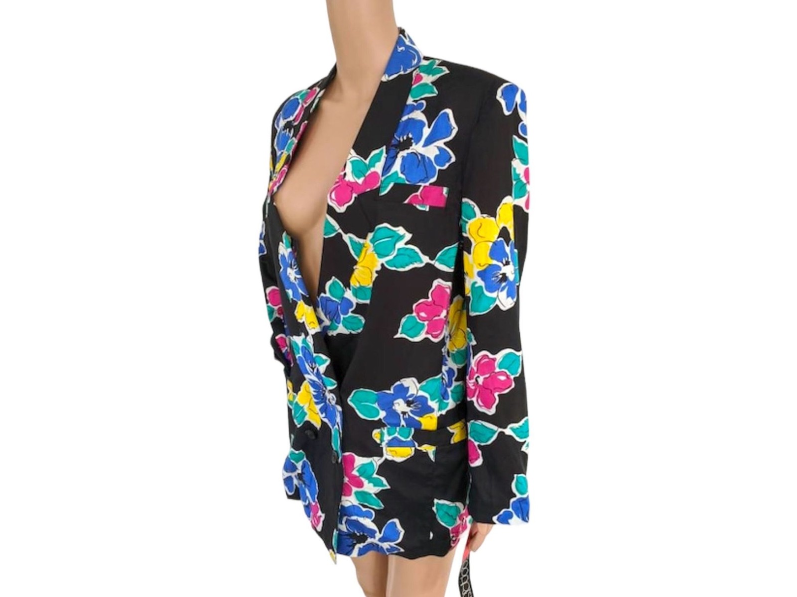 80s Black Floral Jacket Top Bright Print 8 New