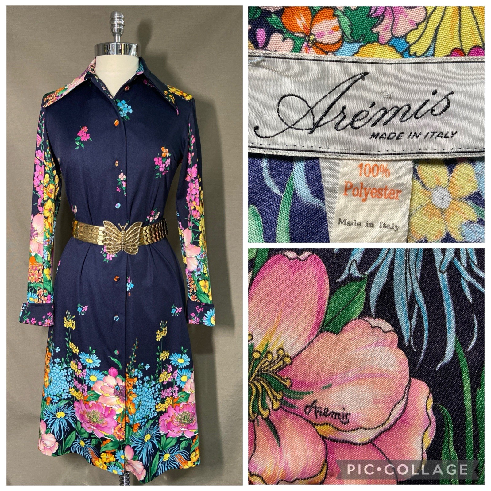 Vintage 1970s Arémis Italian Floral Long Sleeve Shirt Dress Size M/L 8-10