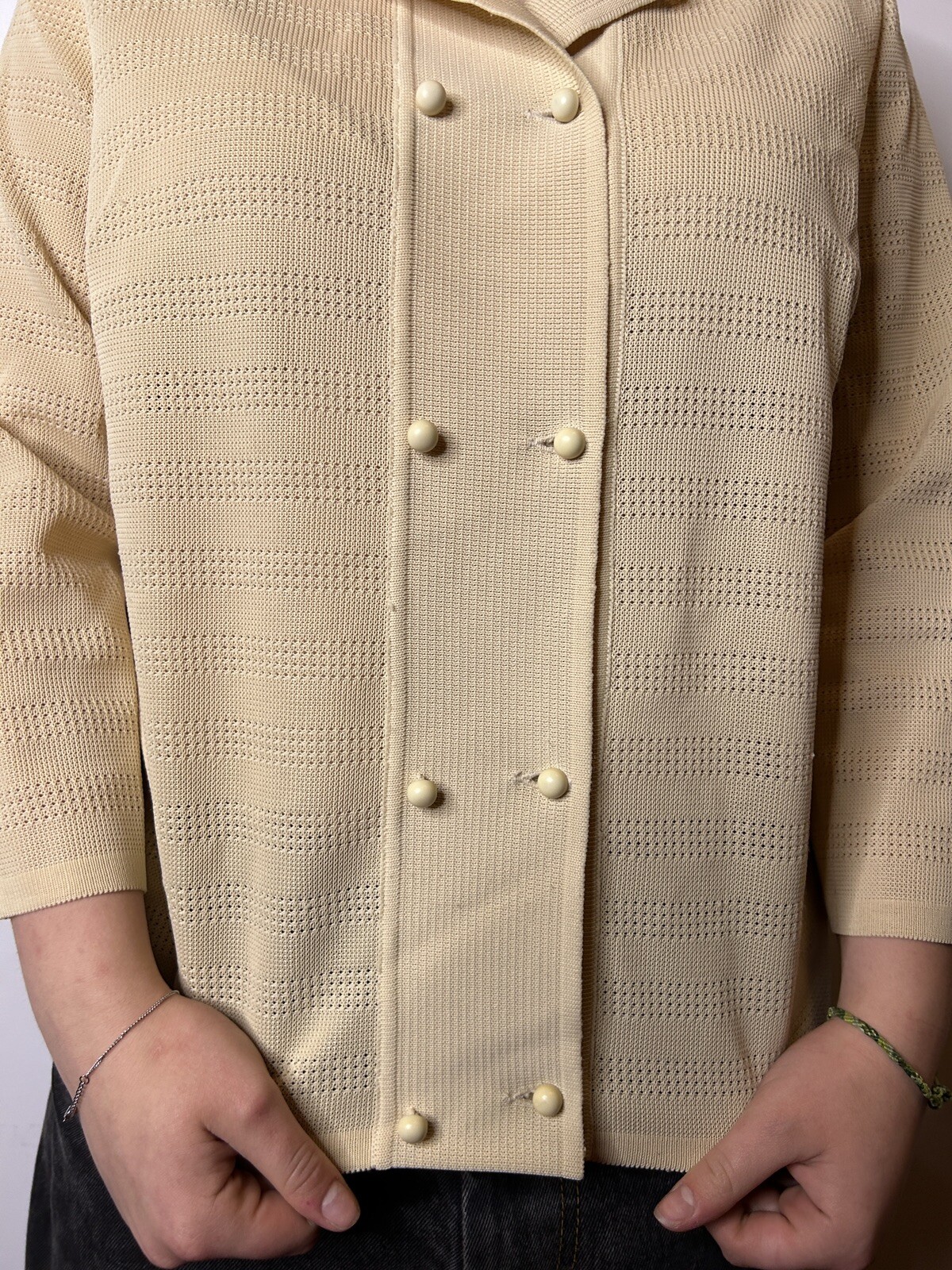 Vintage 1980s Knit Polyester Collared Blouse Cream White Double Breasted AU 14