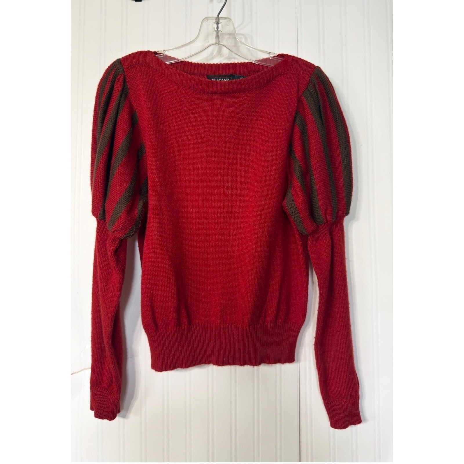 Vintage JF Adams Red Puff Sleeve Knit Sweater Brown Stripe Accent Size Large
