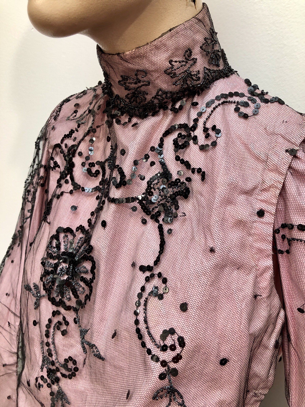 ANTIQUE VICTORIAN Early 1900s GIBSON GIRL PINK+Black JET SEQUIN BEADED 3Pc GOWN