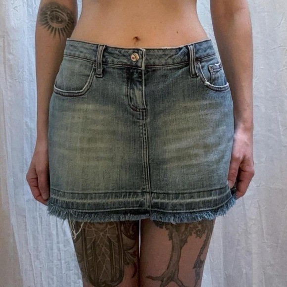 Soundgirl light blue denim jean hip hugger mini skirt with rainbow and fray Y2K