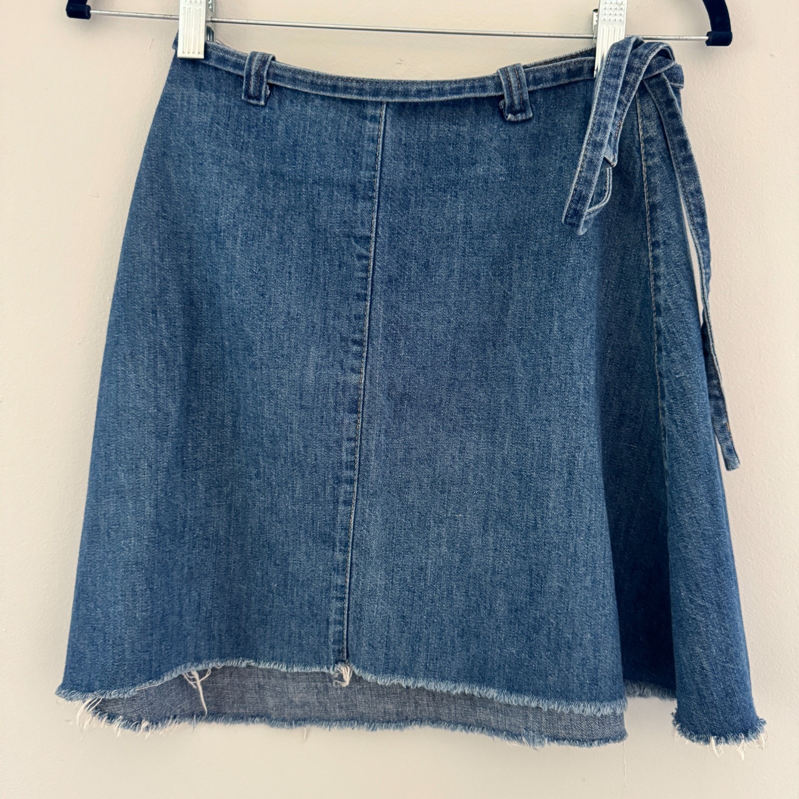 70s vintage UFO JEANS Denim Cut-off Wrap Mini Skirt USA NY American Flag Patch
