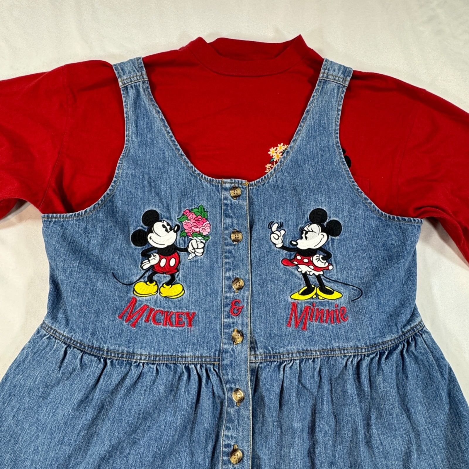 Vintage Disney Store Mickey Minnie Denim Jumper Dress Red Shirt Set L/XL Boho