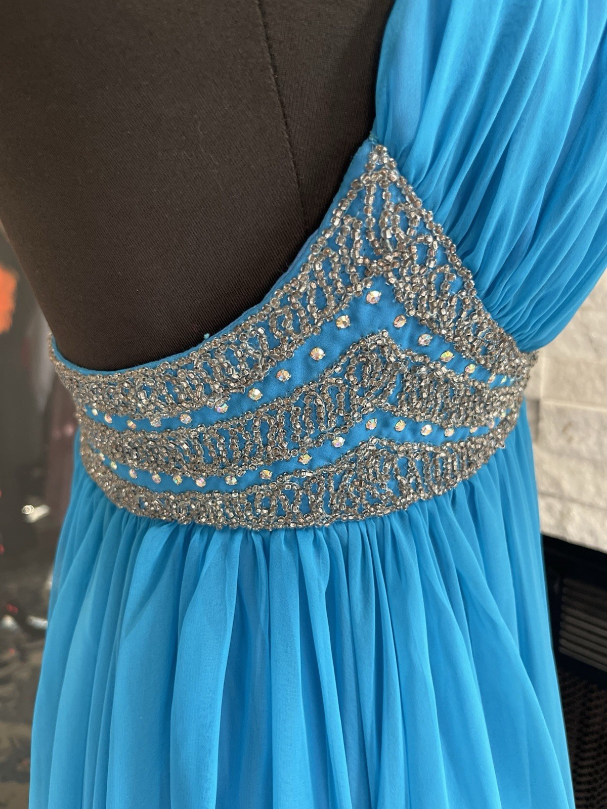 Vintage Ball Gown 1970s Mike Benet Blue Dress White Silver Beads Sequins Chiffon