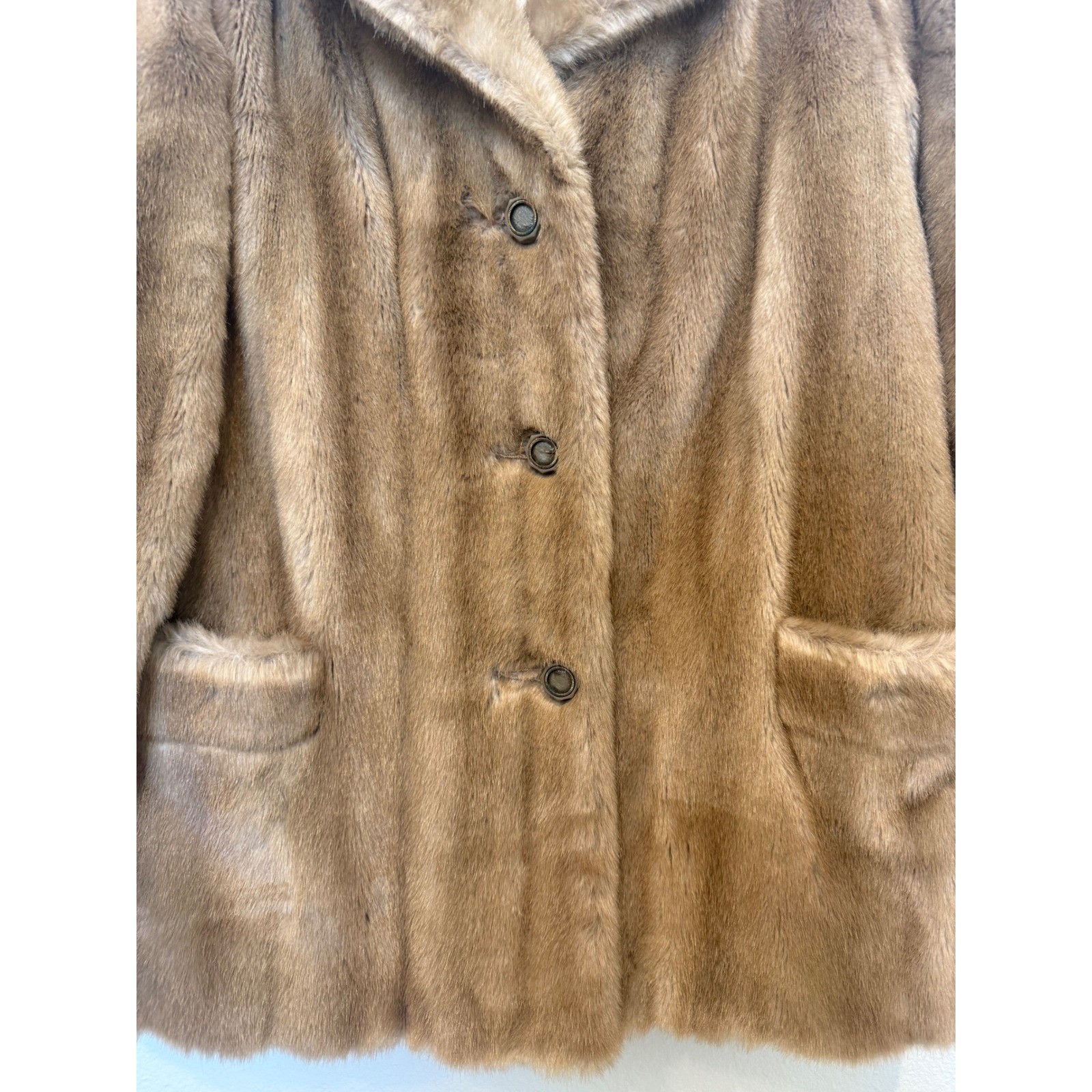 Vintage Russel Taylor Mincara Faux Fur Coat Brown Mid-Length Button Front Jacket