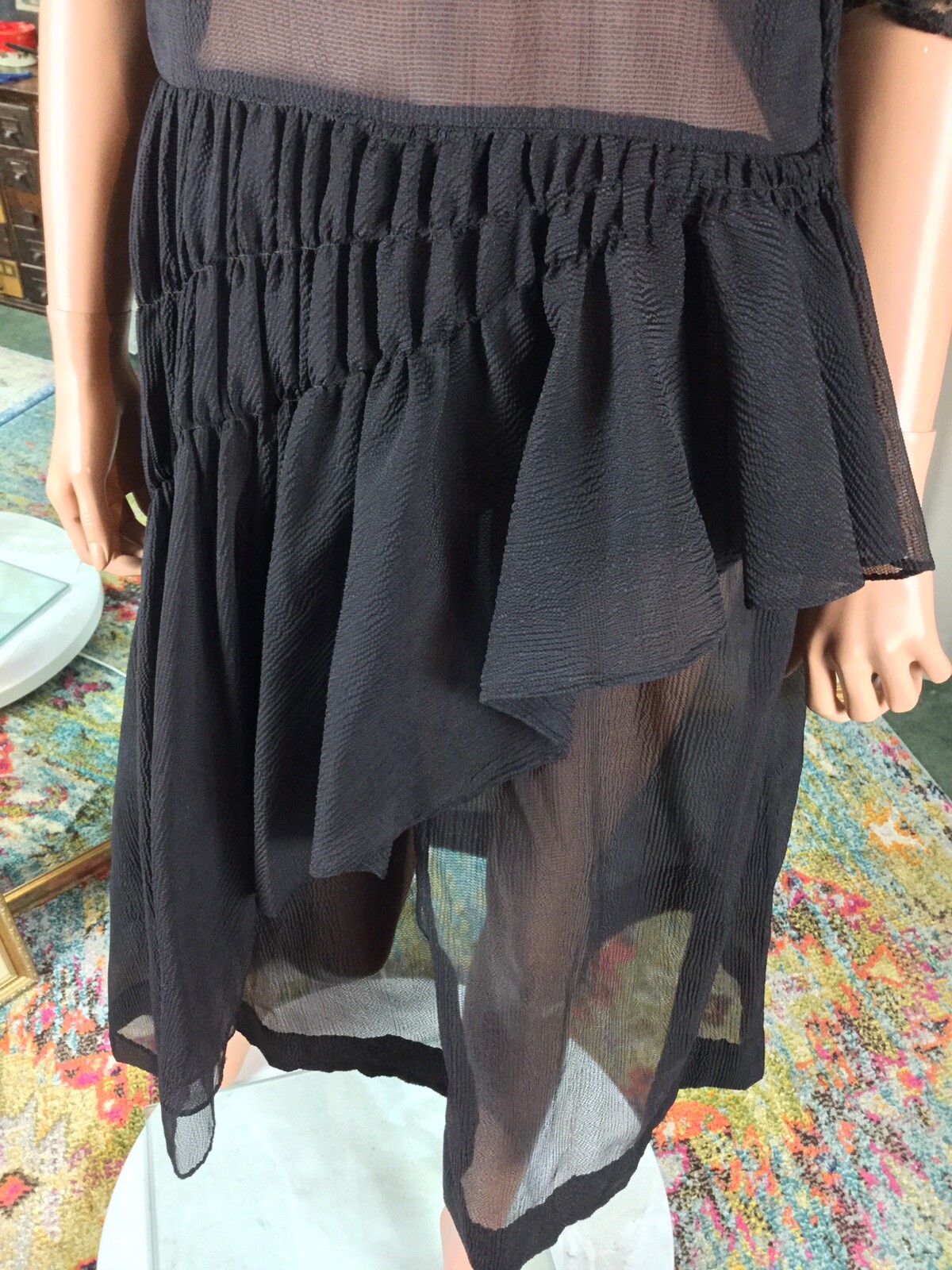Vtg 20s Black Sheer Dress Sz 10 Layered Front Flapper Style Square Neck 36” Bust