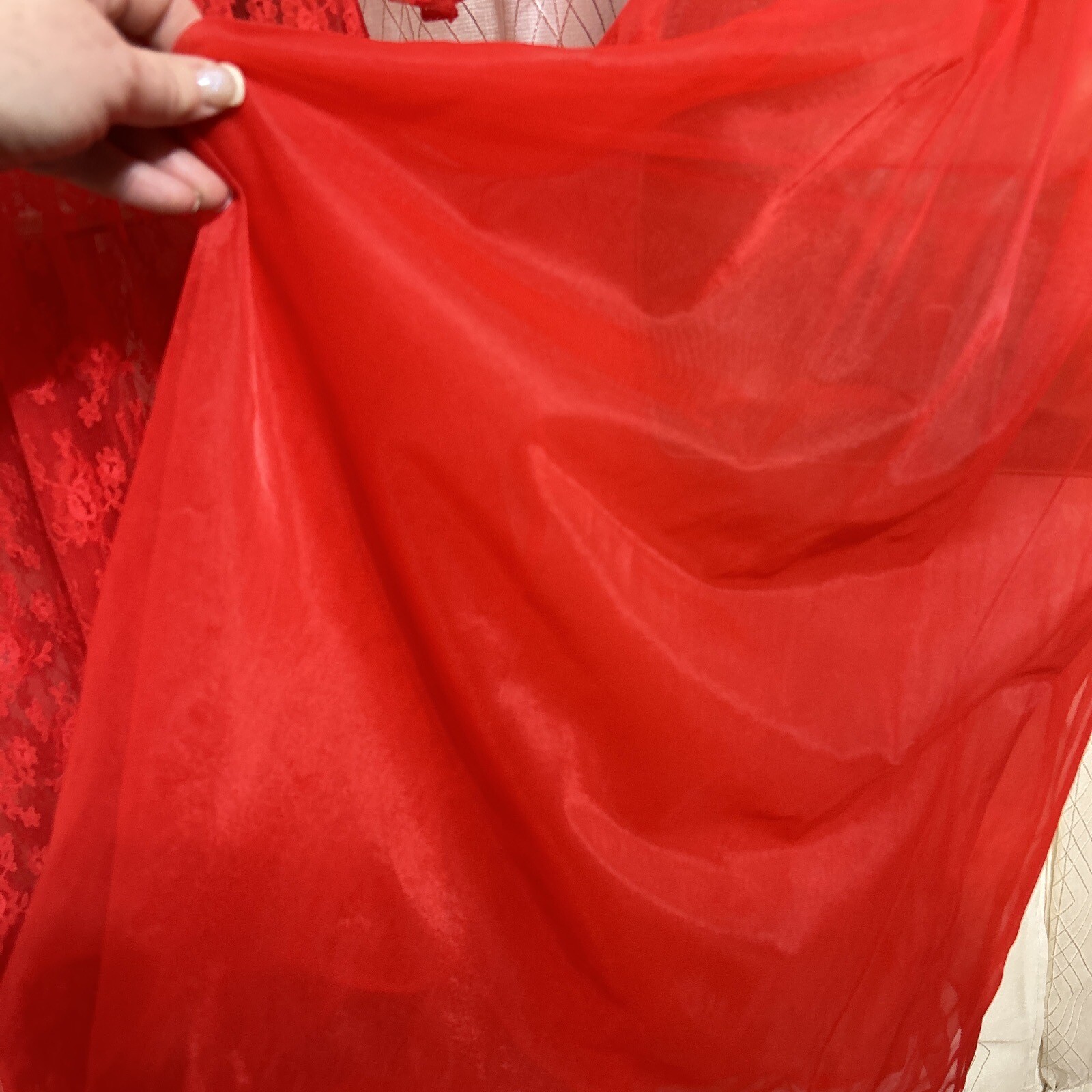 VTG 36 S M Peignoir Sunset Red NIGHTGOWN Lace Nylon LINGERIE Negligee Chiffon