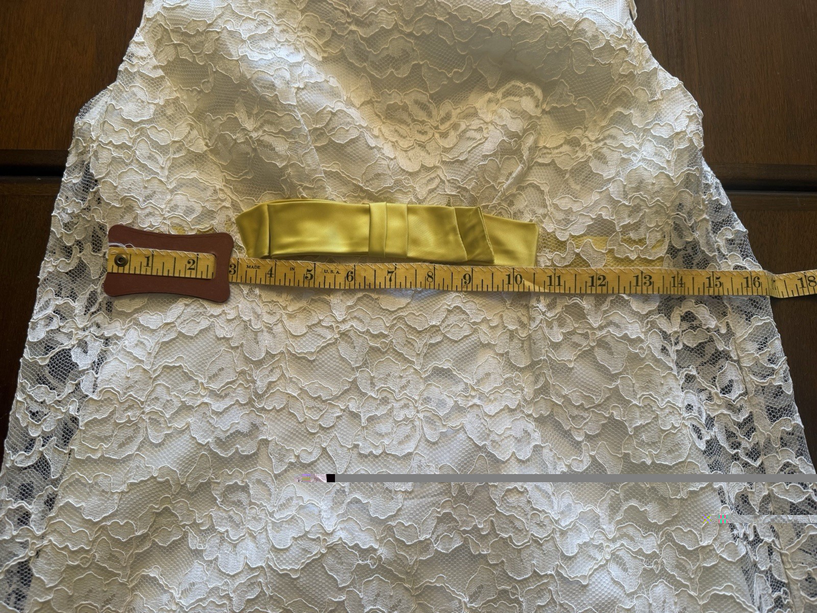 Victorian Ivory Lace Slip Dress 1960s Floral Long 53” SZ 9 Chartreuse Ribbon