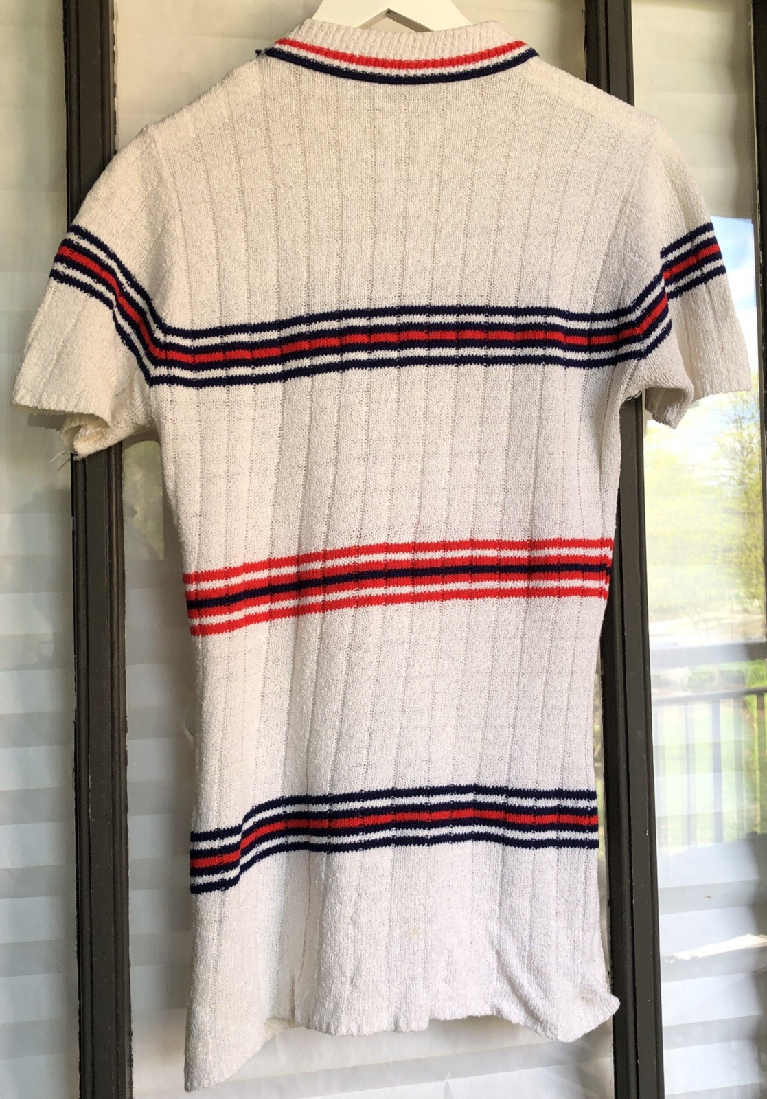 VINTAGE 1960s shirt striped knit short sleeve white red blue size S/M