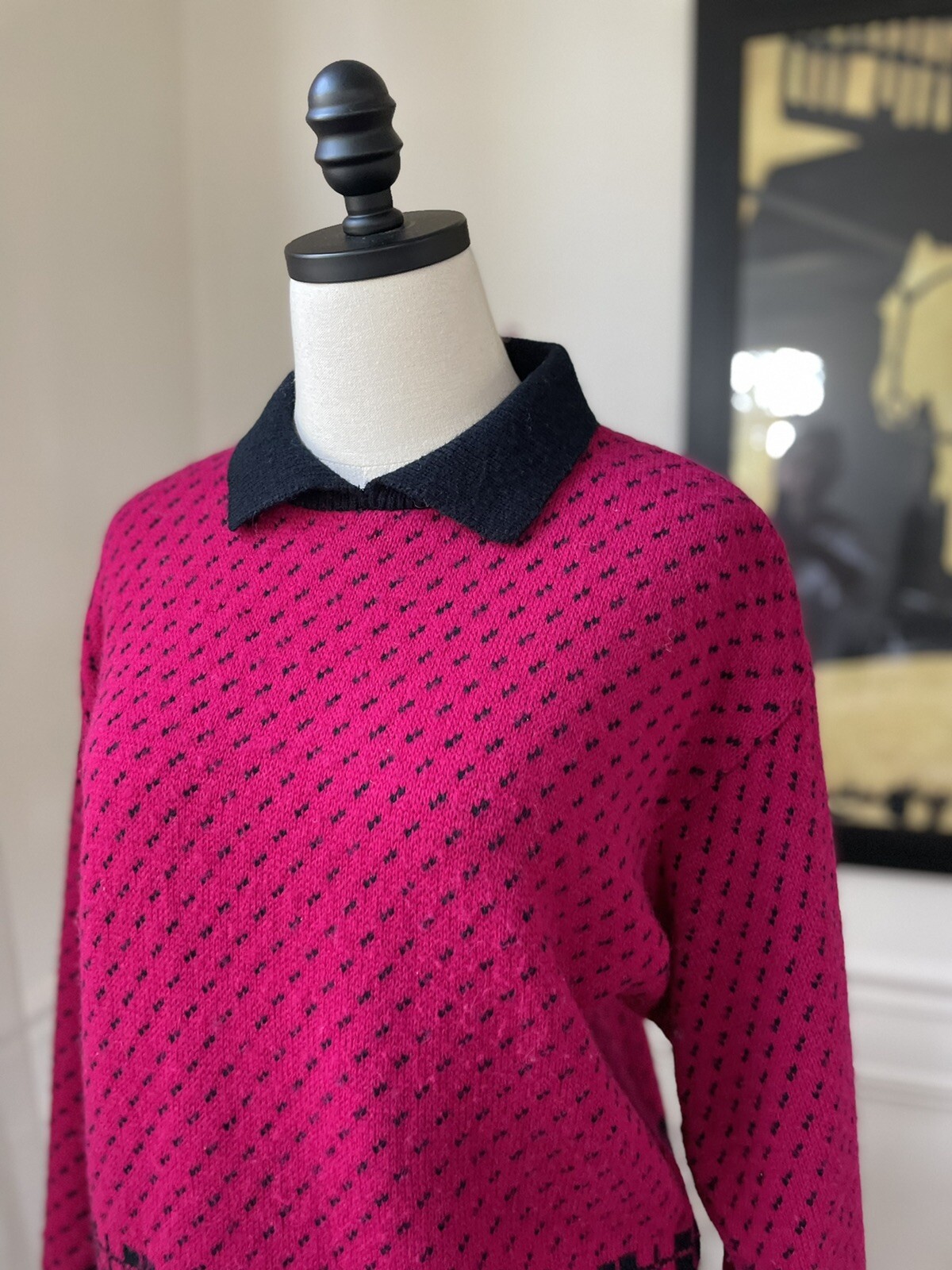 Vintage 80s Boundary Waters Outfit Sweater Skirt Set Fuchsia Black M